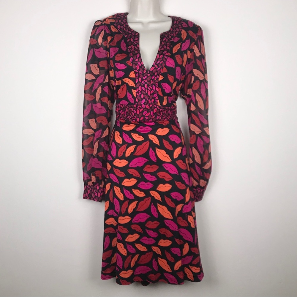 Vibrant Lip-Print Long Sleeve Dress in Pink & Orange